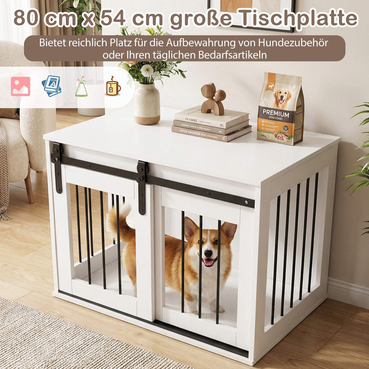Dog Crate Furniture with Sliding Barn Door, White, 80 cm
