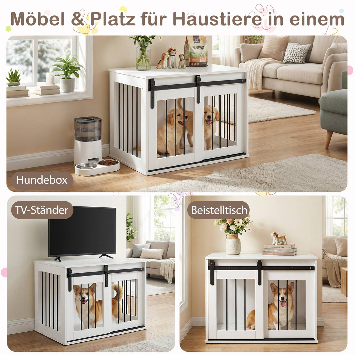 Dog Crate Furniture with Sliding Barn Door, White, 80 cm