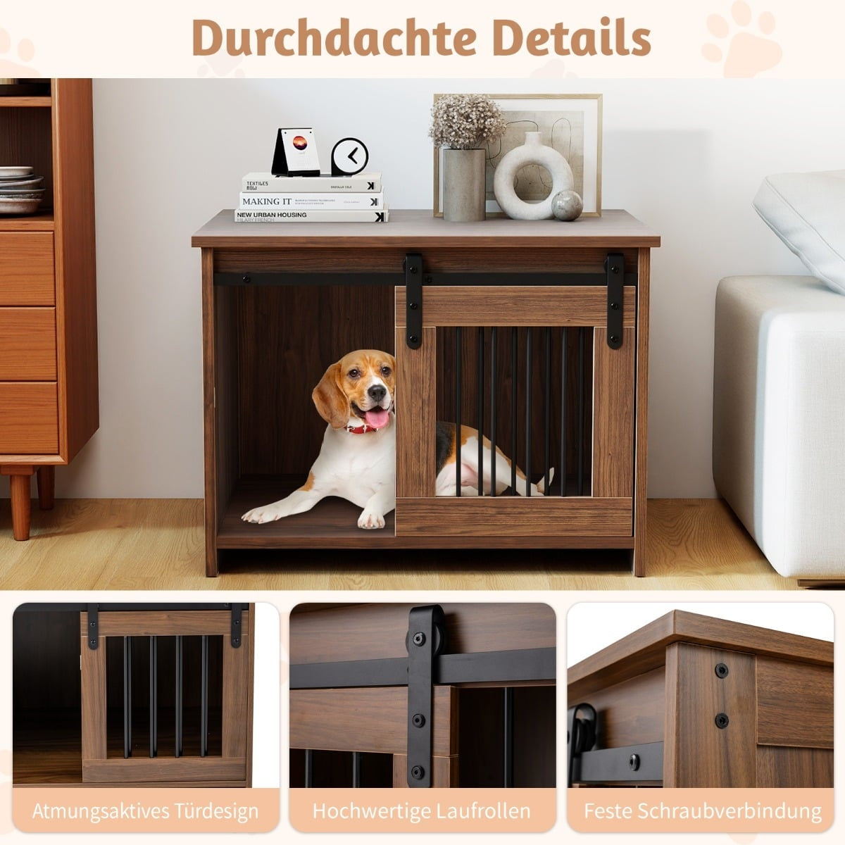 Dog Crate Furniture with Sliding Door, Metal & Wood, 80x60x60 cm
