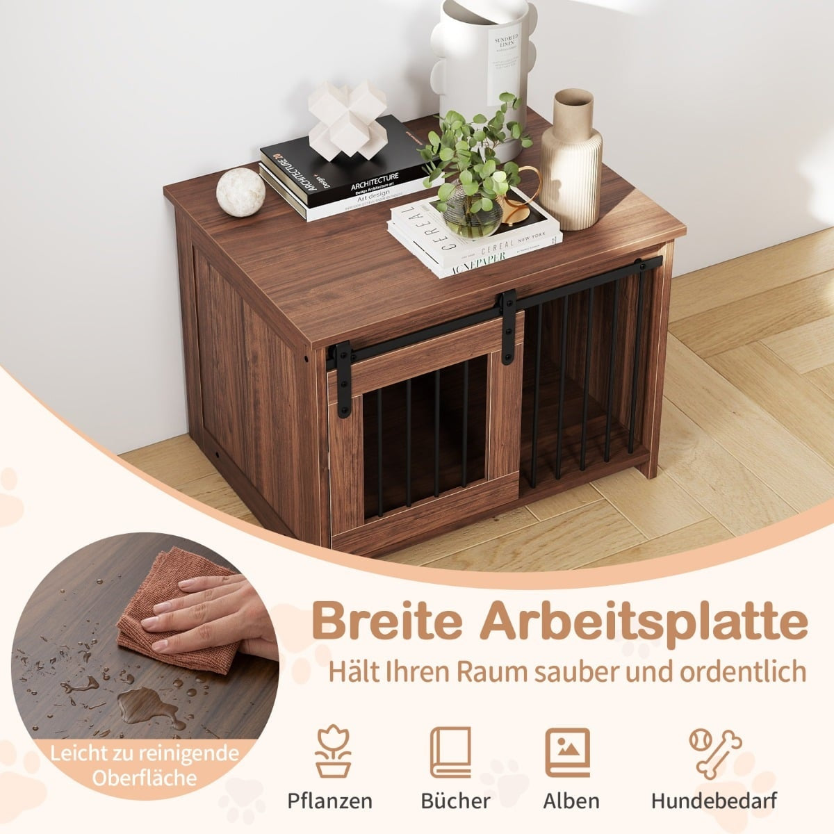 Dog Crate Furniture with Sliding Door, Metal & Wood, 80x60x60 cm