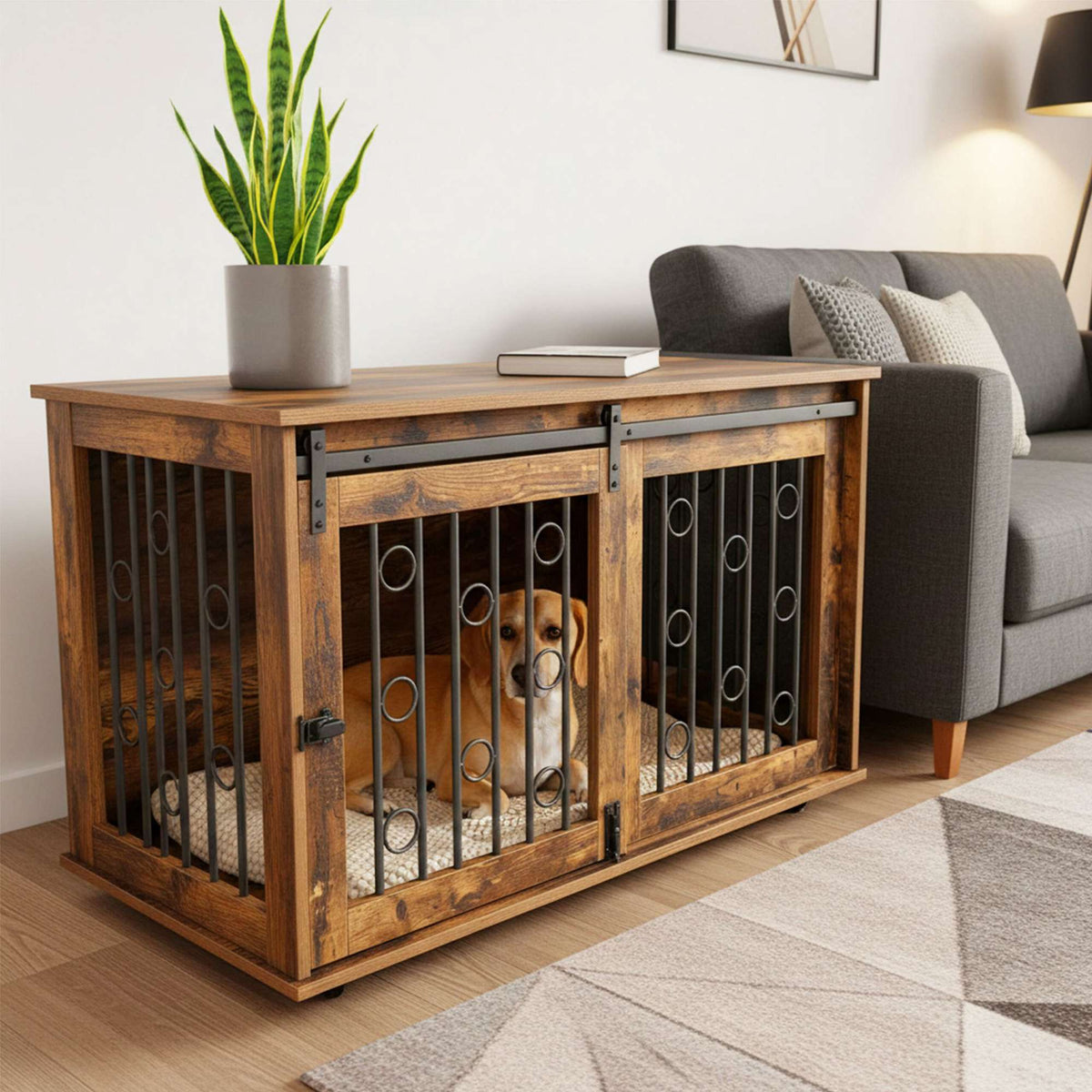 Dog Crate Furniture with Sliding Door and Castors