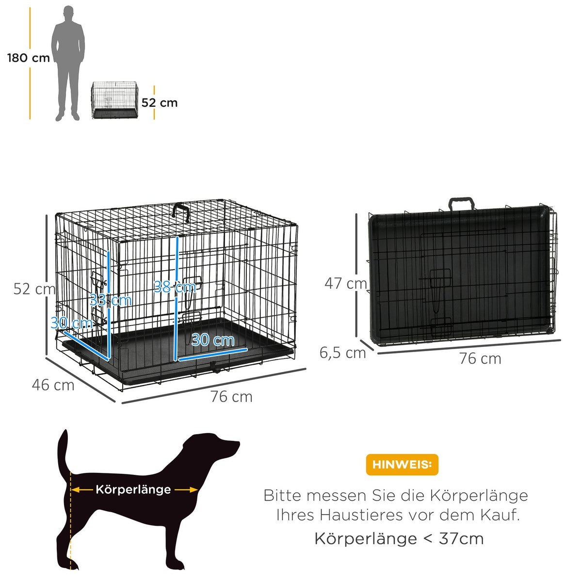 Dog Crate Transport Box Small Animal Cage Dog Cage Transport Cage Foldable Metal Black 76 X 46 X 52 Cm