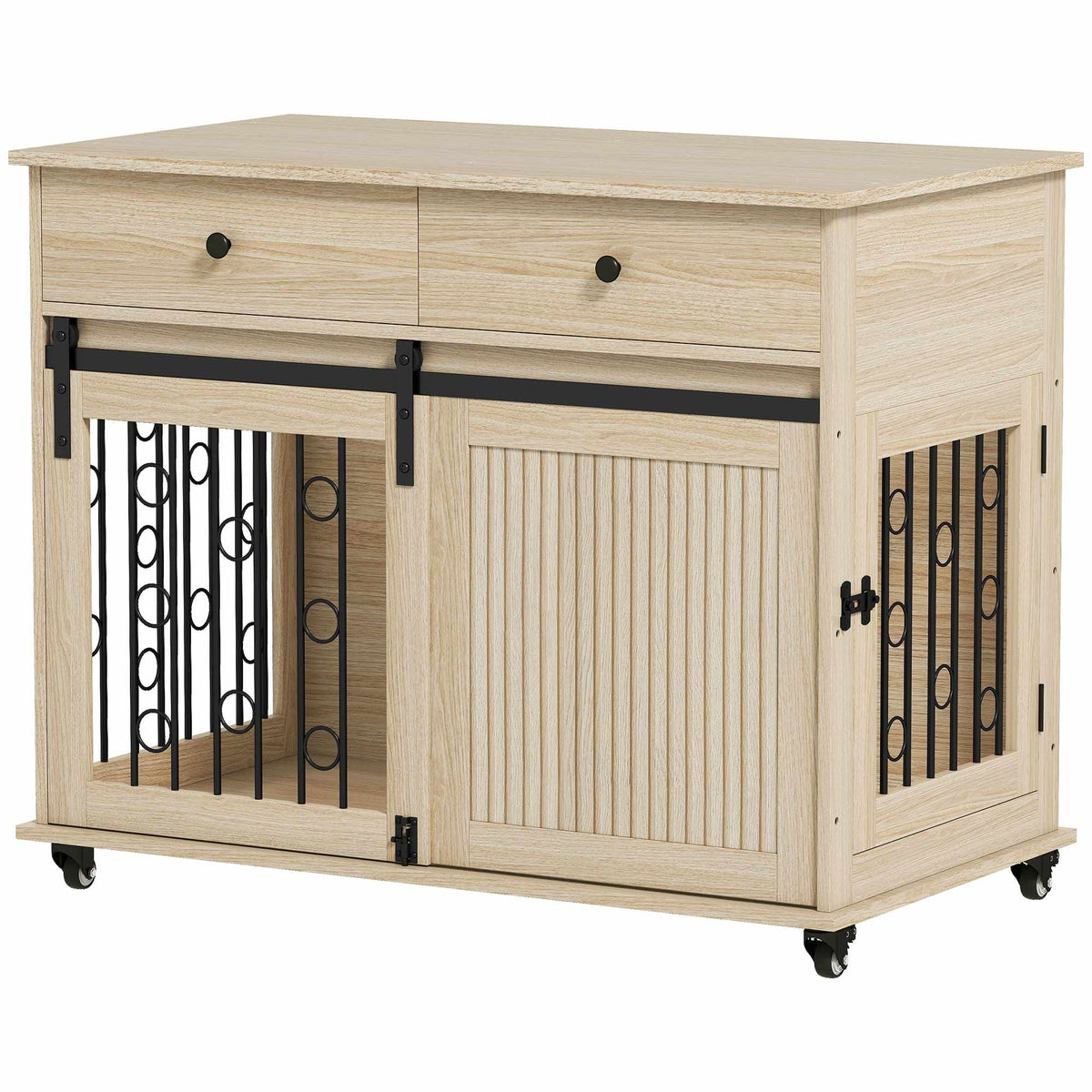 Dog Crate on Wheels, 2 Doors, 2 Drawers, Wood & Steel