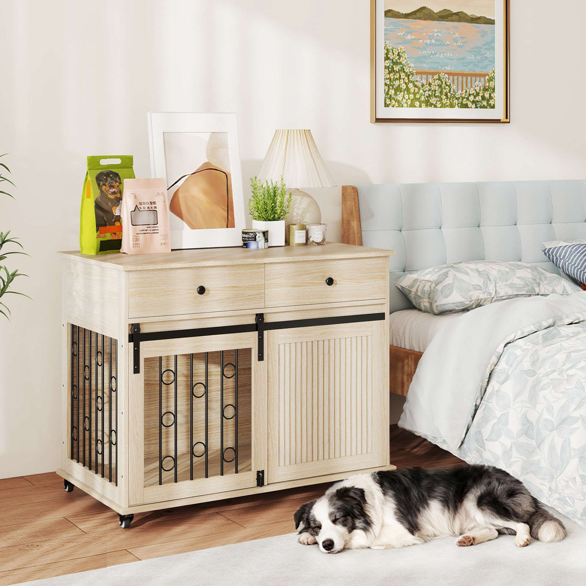 Dog Crate on Wheels, 2 Doors, 2 Drawers, Wood & Steel