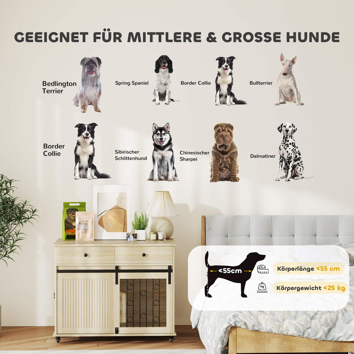 Dog Crate on Wheels, 2 Doors, 2 Drawers, Wood & Steel