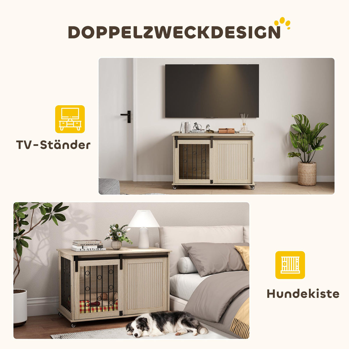 Dog Crate on Wheels, Sliding Door, 100 x 56 x 65 cm, Wood, Steel