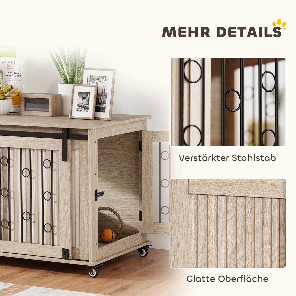 Dog Crate on Wheels, Sliding Door, 100 x 56 x 65 cm, Wood, Steel