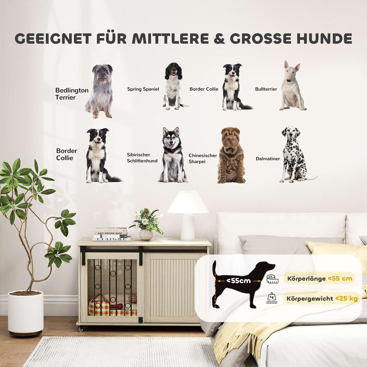 Dog Crate on Wheels, Sliding Door, 100 x 56 x 65 cm, Wood, Steel