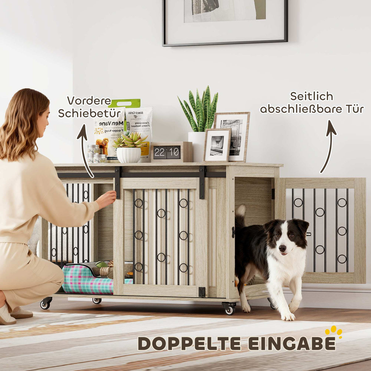 Dog Crate on Wheels, Sliding Door, 100 x 56 x 65 cm, Wood, Steel