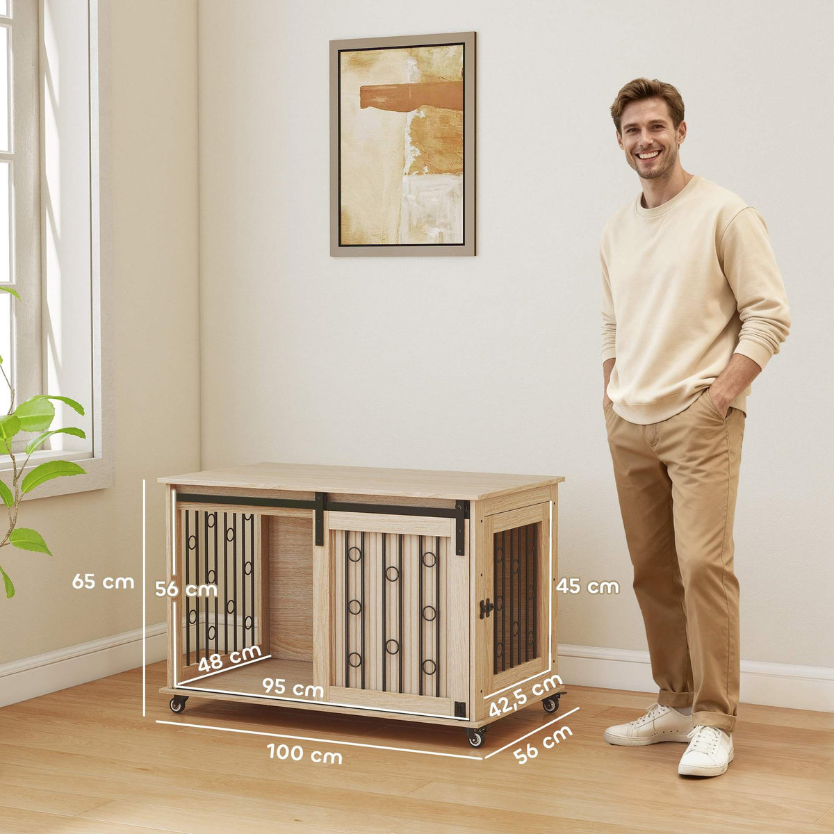 Dog Crate on Wheels, Sliding Door, 100 x 56 x 65 cm, Wood, Steel