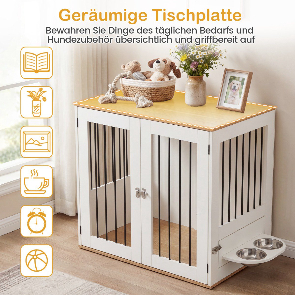 Dog Crate with Rotating Bowls & Lockable Door, White