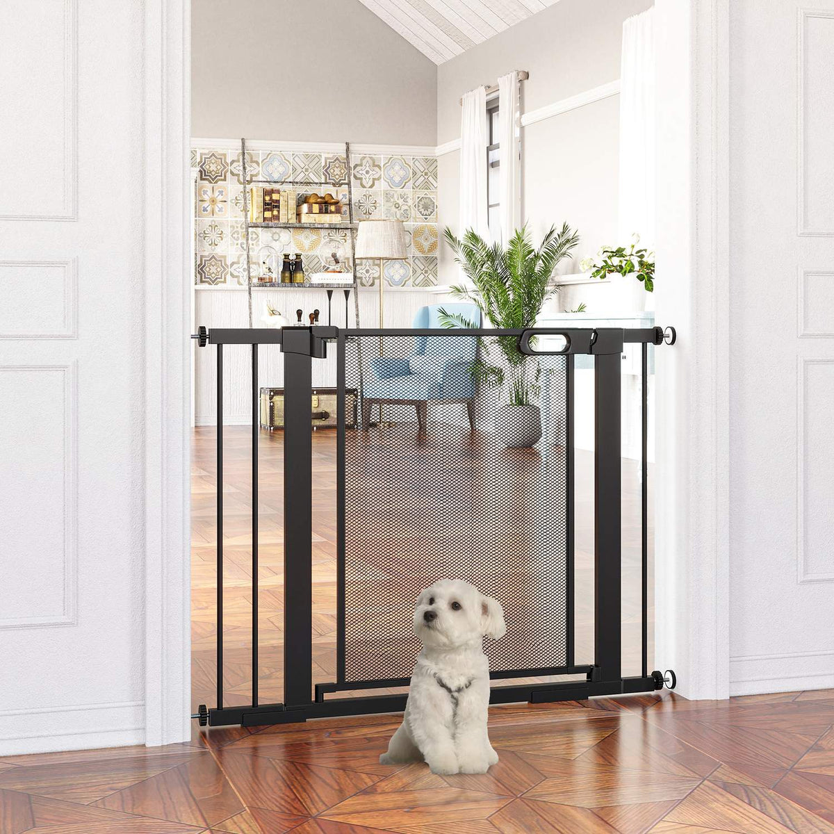 Dog Door Guard, Stair Gate, Dog Gate Without Drilling, 75-103 Cm Wide Barrier, Auto-Close, For Children, Cats, Steel, Black