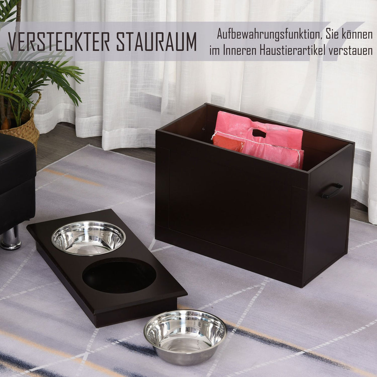 Dog Feeding Bowl With Storage Space 2 Bowls Feeding Station Stainless Steel Bowl Cat Bowl Mdf Stainless Steel Espresso 60 X 30 X 41 Cm