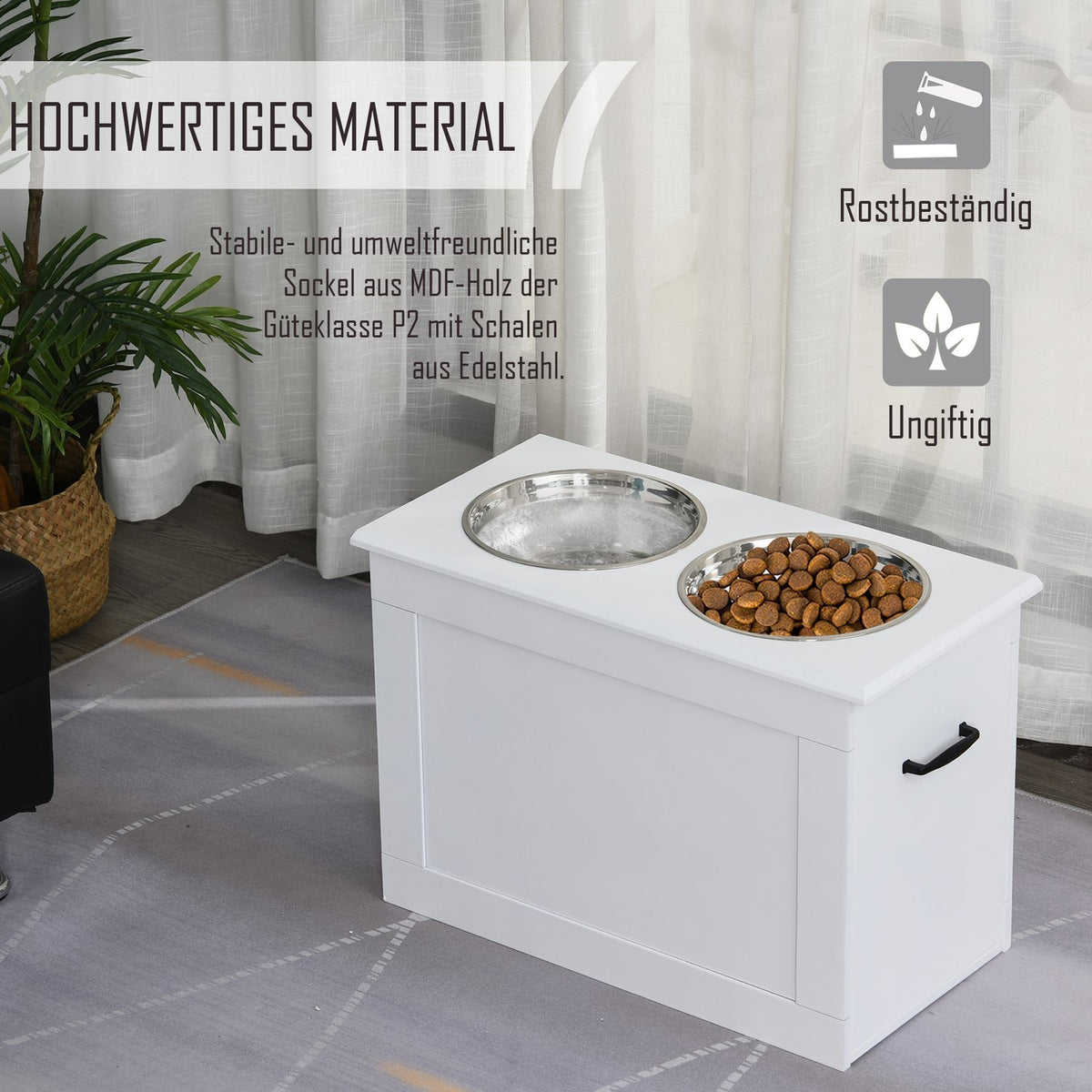 Dog Feeding Bowl With Storage Space 2 Stainless Steel Bowls, Feeding Station, White, 60X30X41Cm
