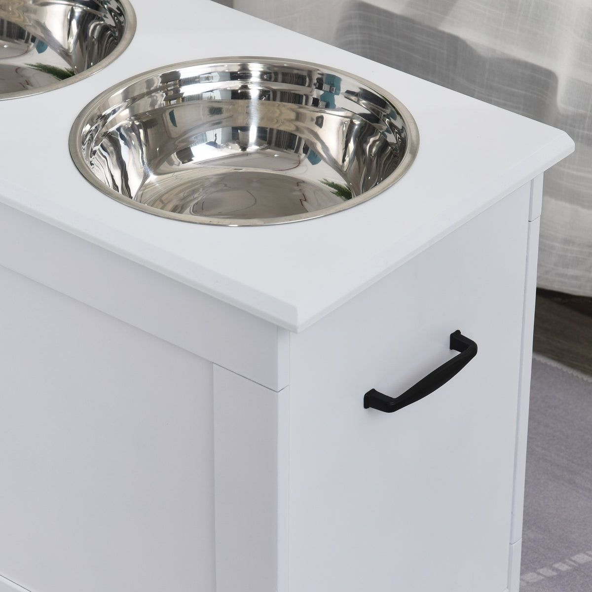 Dog Feeding Bowl With Storage Space 2 Stainless Steel Bowls, Feeding Station, White, 60X30X41Cm