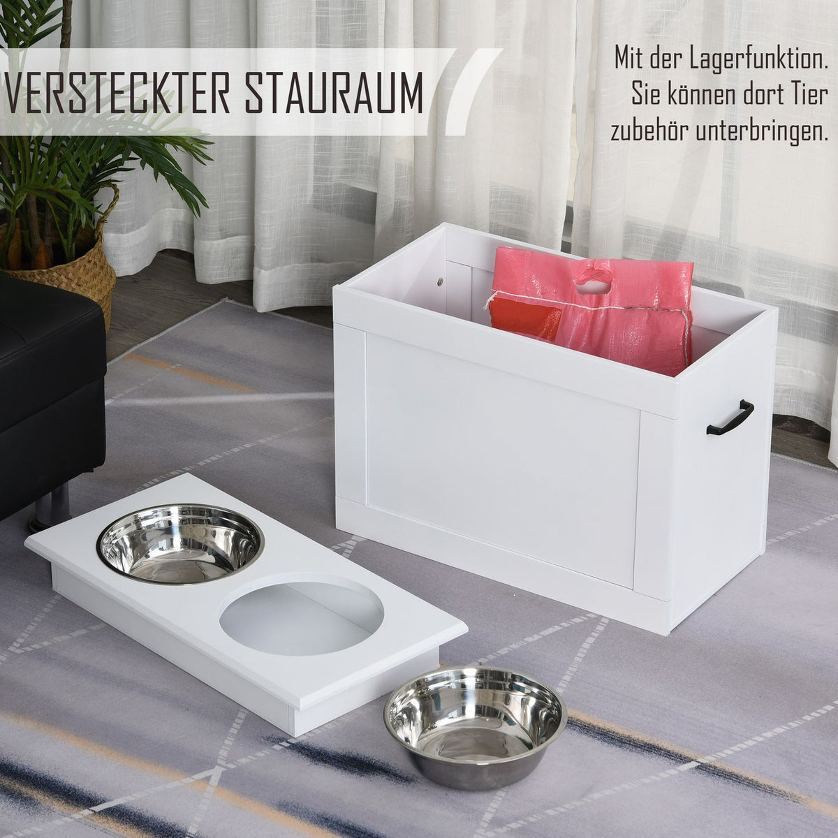 Dog Feeding Bowl With Storage Space 2 Stainless Steel Bowls, Feeding Station, White, 60X30X41Cm