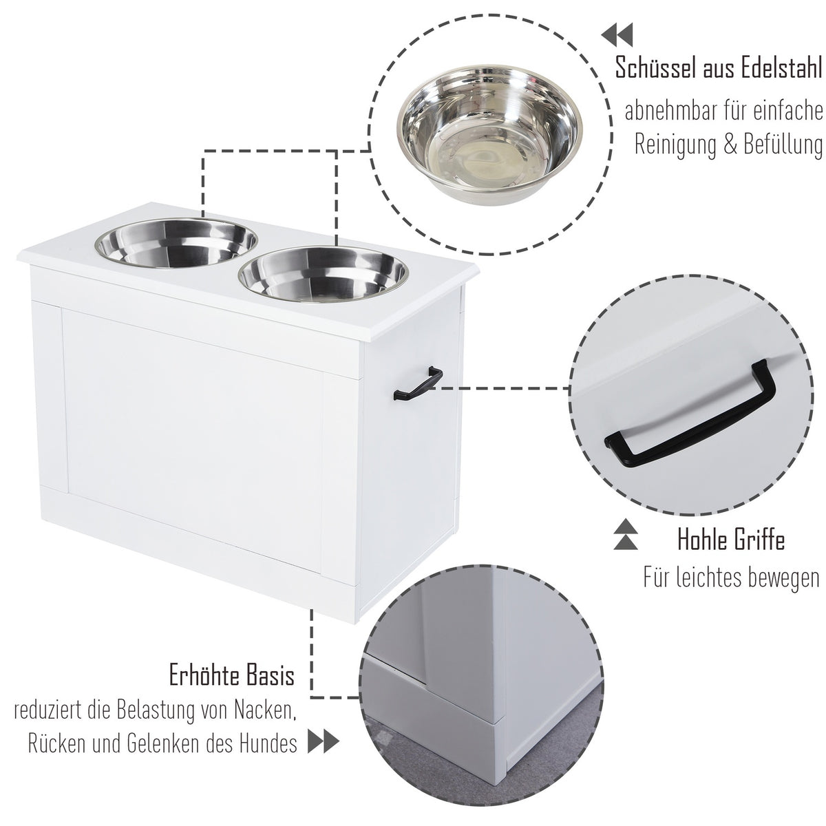 Dog Feeding Bowl With Storage Space 2 Stainless Steel Bowls, Feeding Station, White, 60X30X41Cm