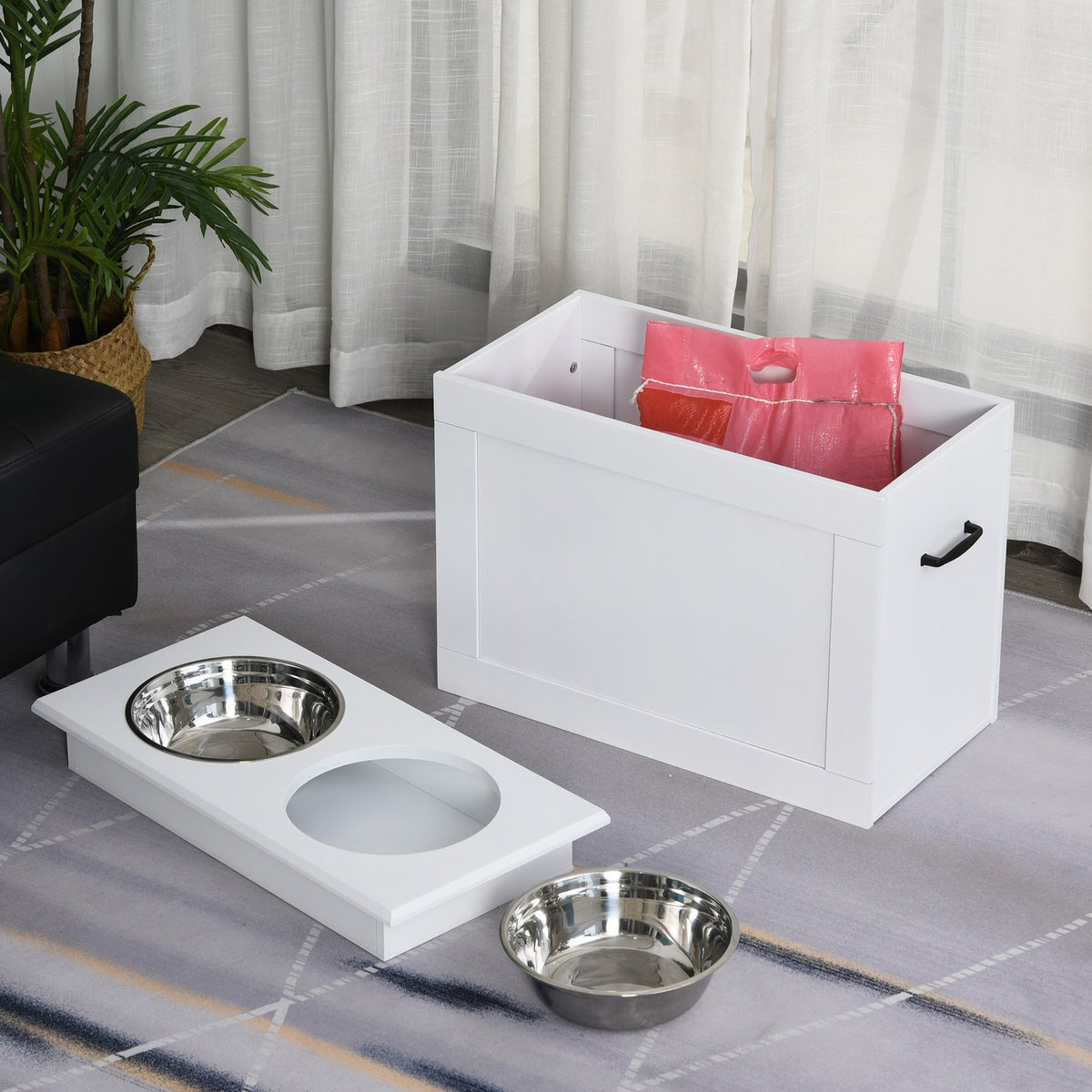Dog Feeding Bowl With Storage Space 2 Stainless Steel Bowls, Feeding Station, White, 60X30X41Cm