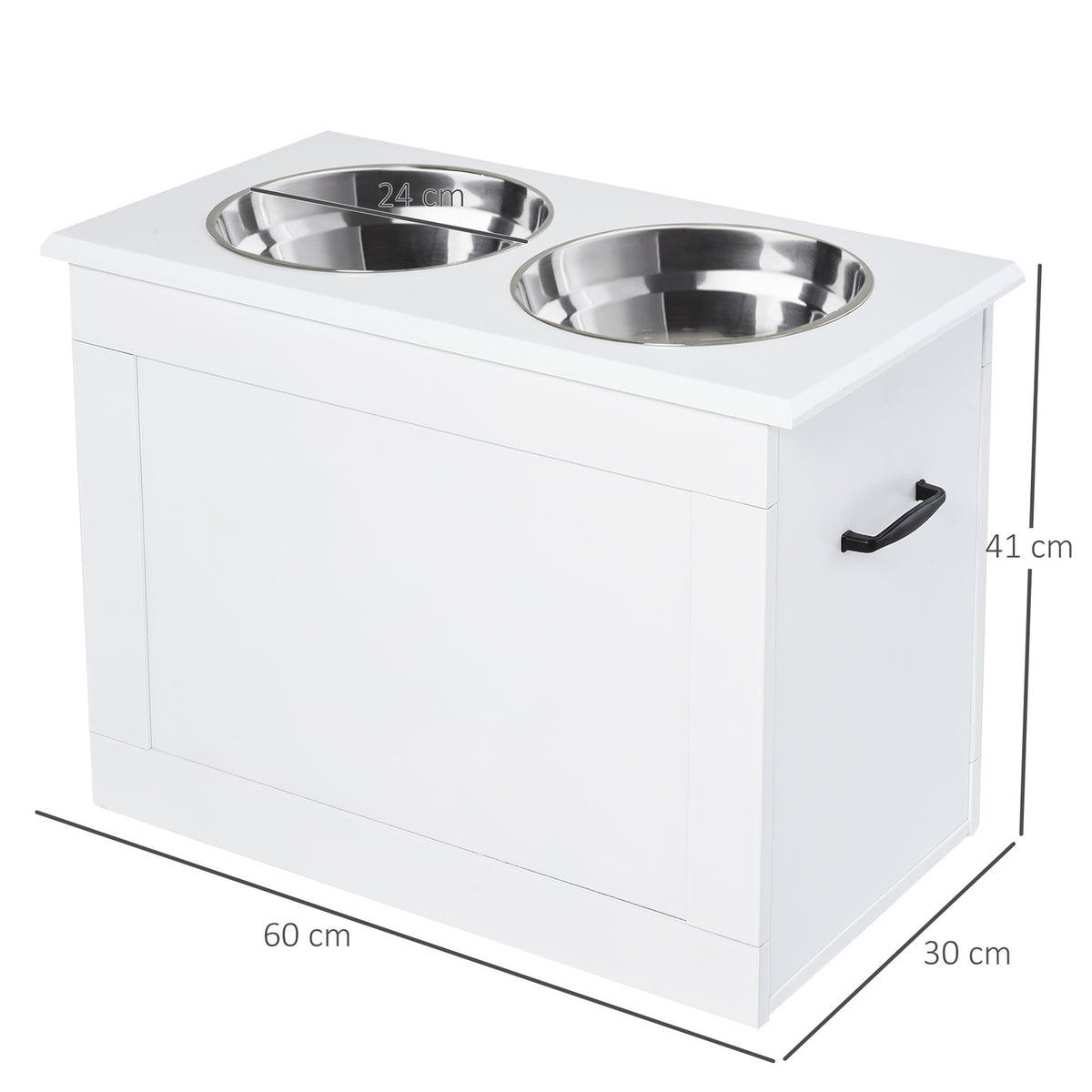 Dog Feeding Bowl With Storage Space 2 Stainless Steel Bowls, Feeding Station, White, 60X30X41Cm