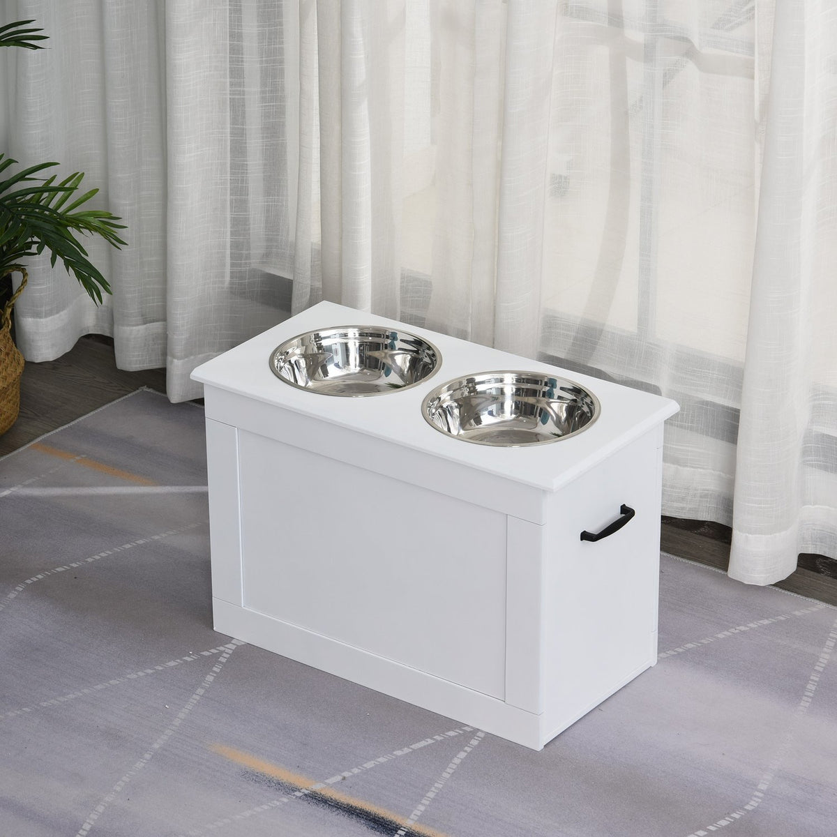 Dog Feeding Bowl With Storage Space 2 Stainless Steel Bowls, Feeding Station, White, 60X30X41Cm
