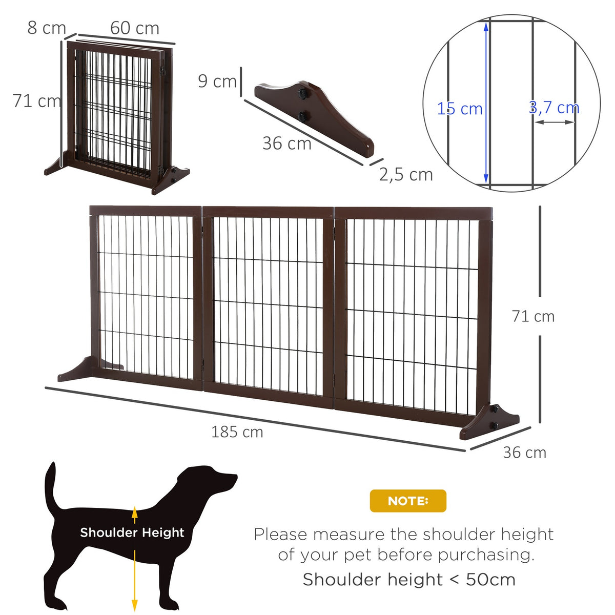 Dog Gate Barrier Made Of Pine Wood, Freestanding, Brown, 185X36X71Cm