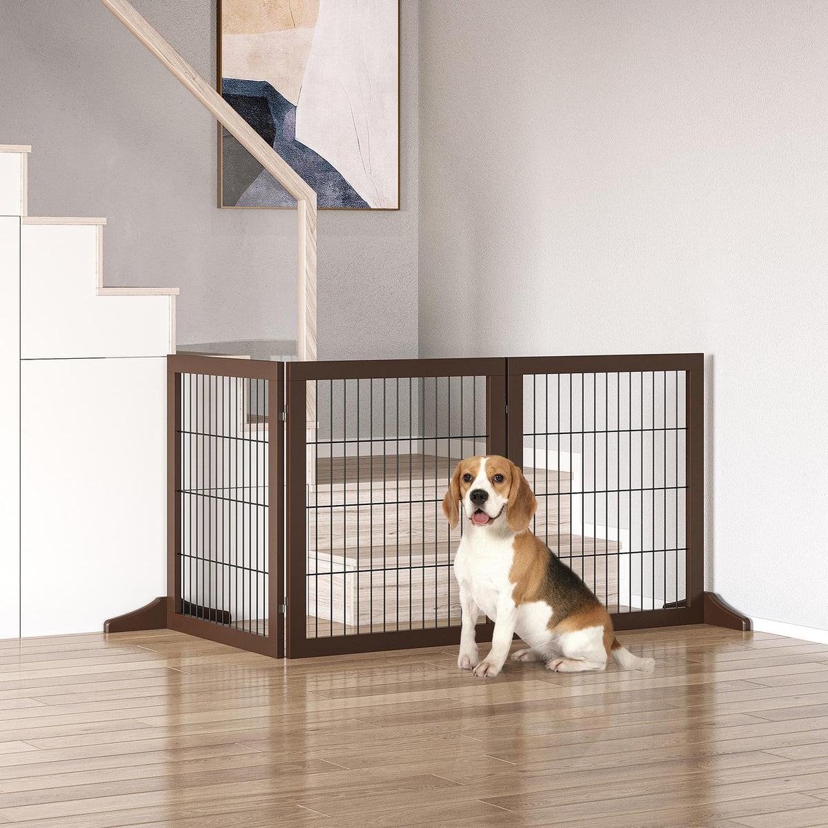Dog Gate Barrier Made Of Pine Wood, Freestanding, Brown, 185X36X71Cm