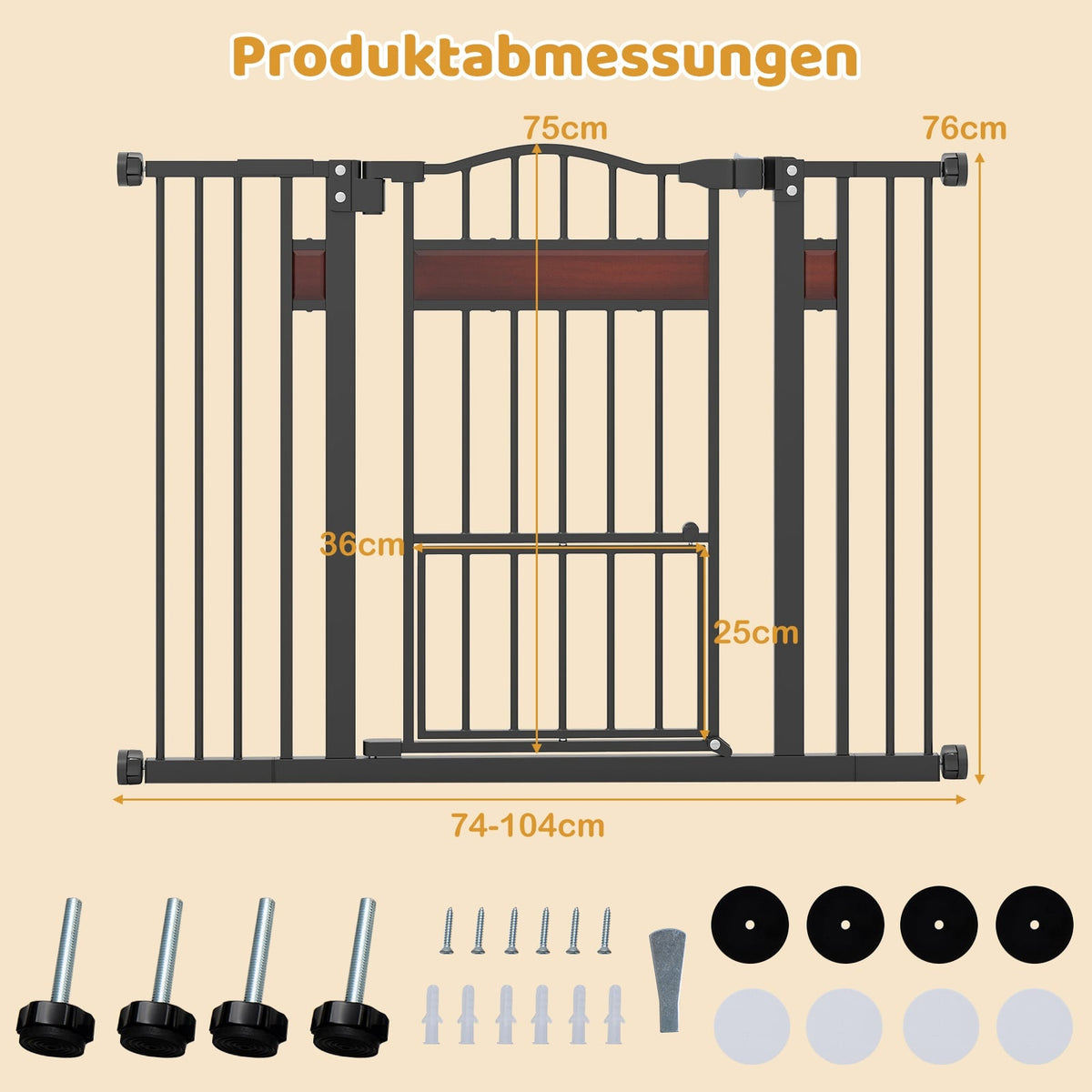 Dog Gate with Small Door, Adjustable Width 74-104 cm