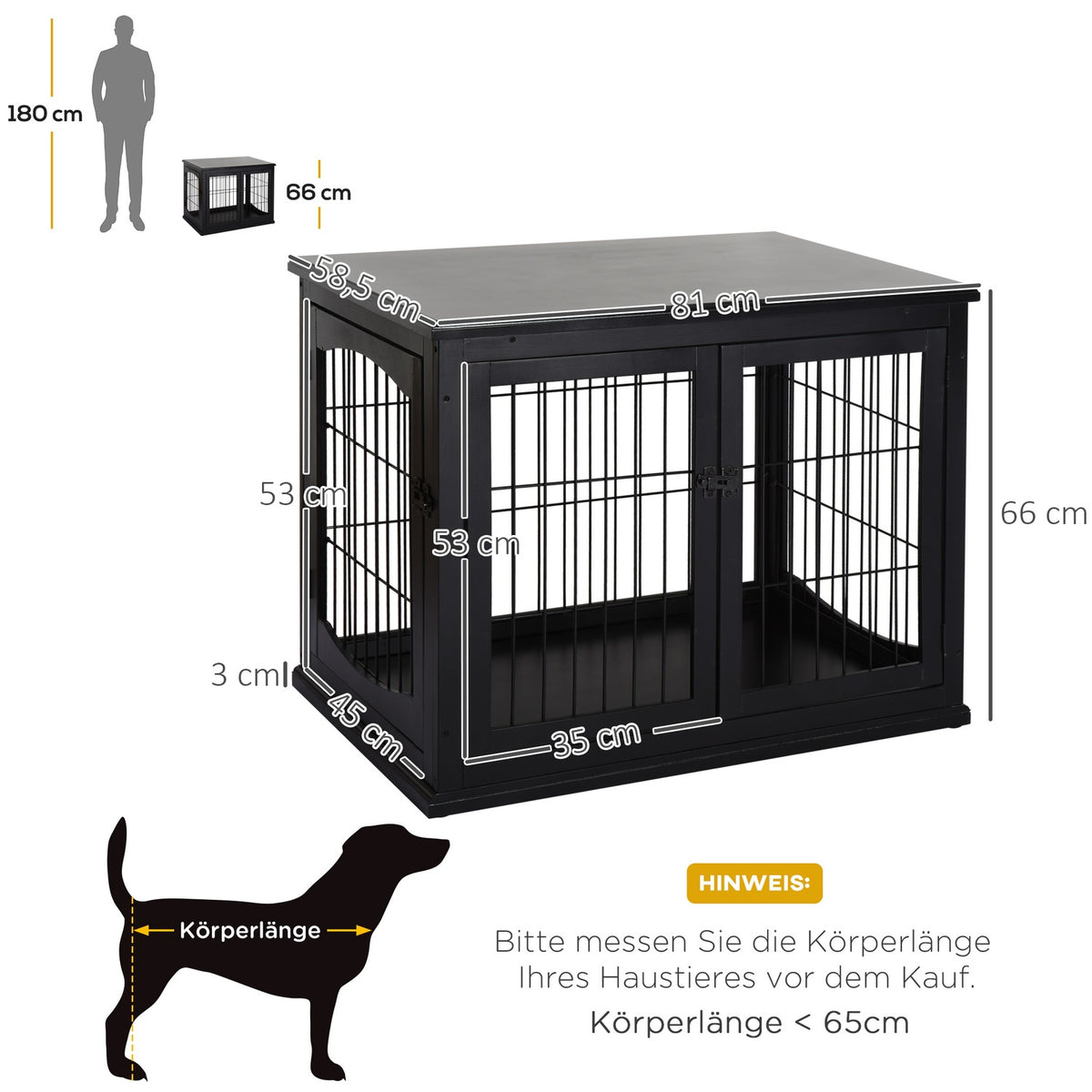 Dog House With Table Surface, Small Animal Cage For Indoor Use, Mdf Metal, Black, 81X58.5X66 Cm