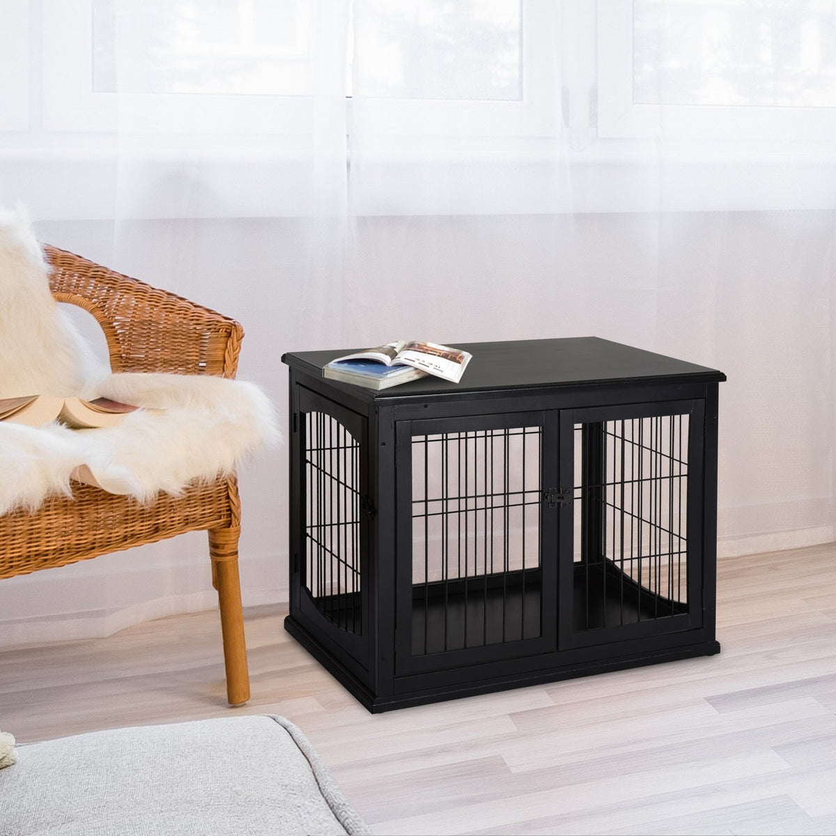Dog House With Table Surface, Small Animal Cage For Indoor Use, Mdf Metal, Black, 81X58.5X66 Cm