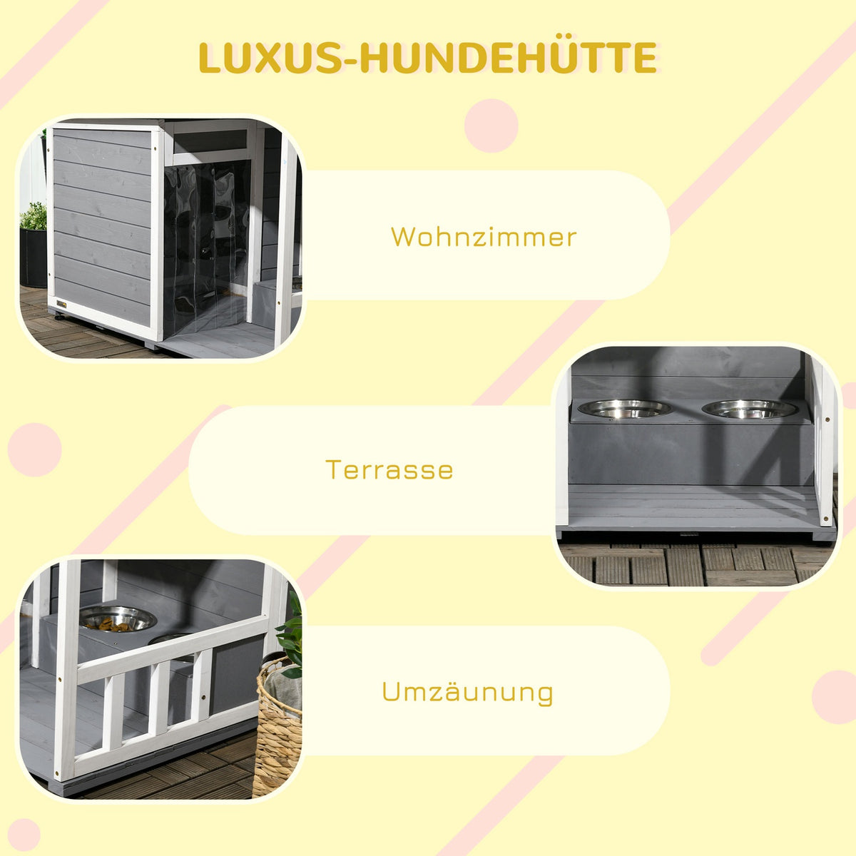 Dog House With Terrace Fir Wood Dog House With 2 Bowls & Asphalt Roof, Weatherproof, Gray, 103X62X60-66Cm