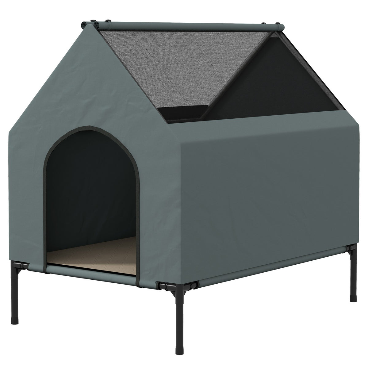 Dog Kennel Dog Cave Mesh Window Raised Dog Bed Removable Lid Carry Bag Small Medium Dogs Oxford Gray 81x51x78cm