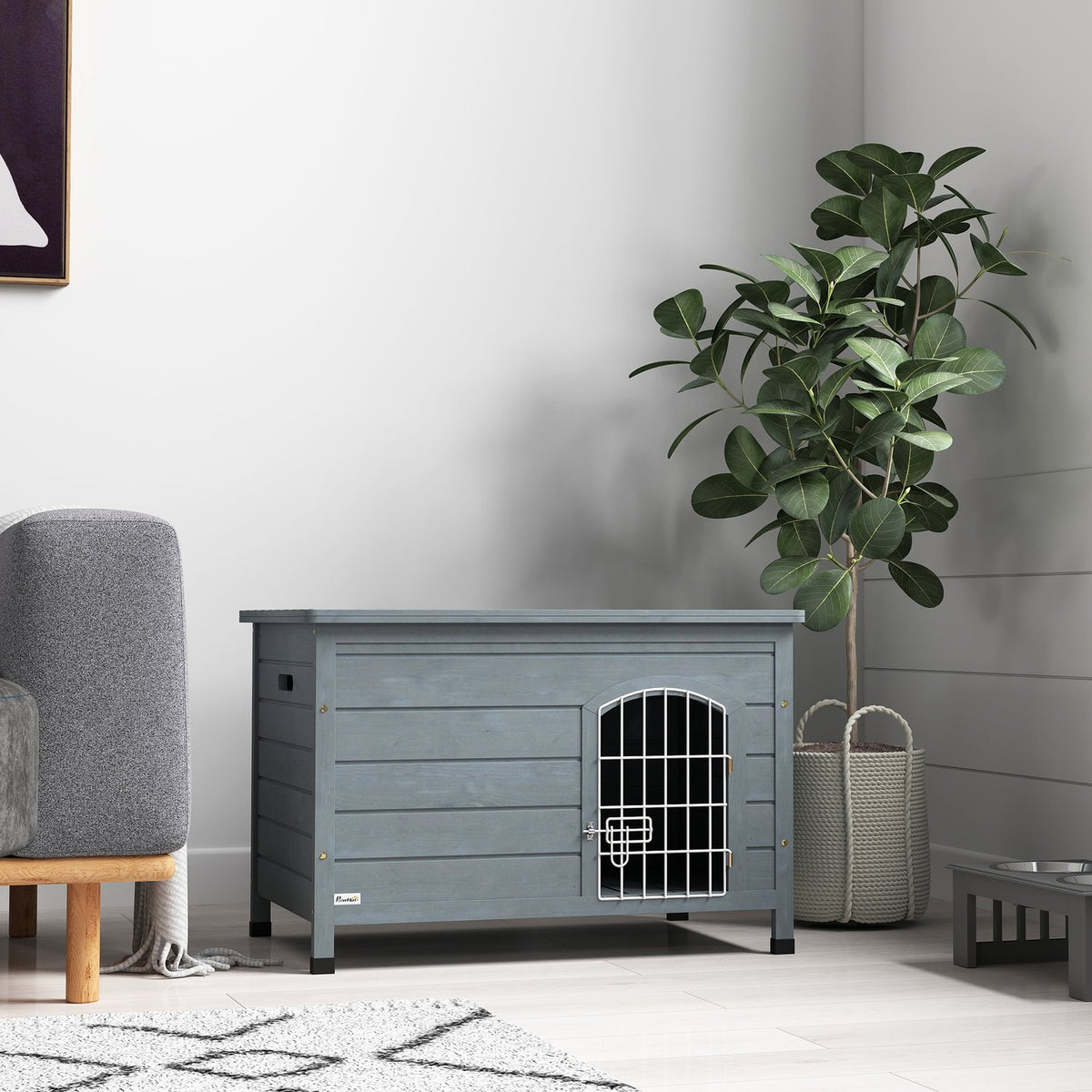 Dog Kennel Dog House with Door Dog Box Mesh Box Transport Cage for Cats Rabbits Outdoor Waterproof Gray Fir 80 x 55 x 53.5 cm