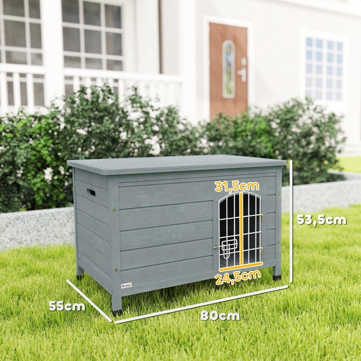 Dog Kennel Dog House with Door Dog Box Mesh Box Transport Cage for Cats Rabbits Outdoor Waterproof Gray Fir 80 x 55 x 53.5 cm