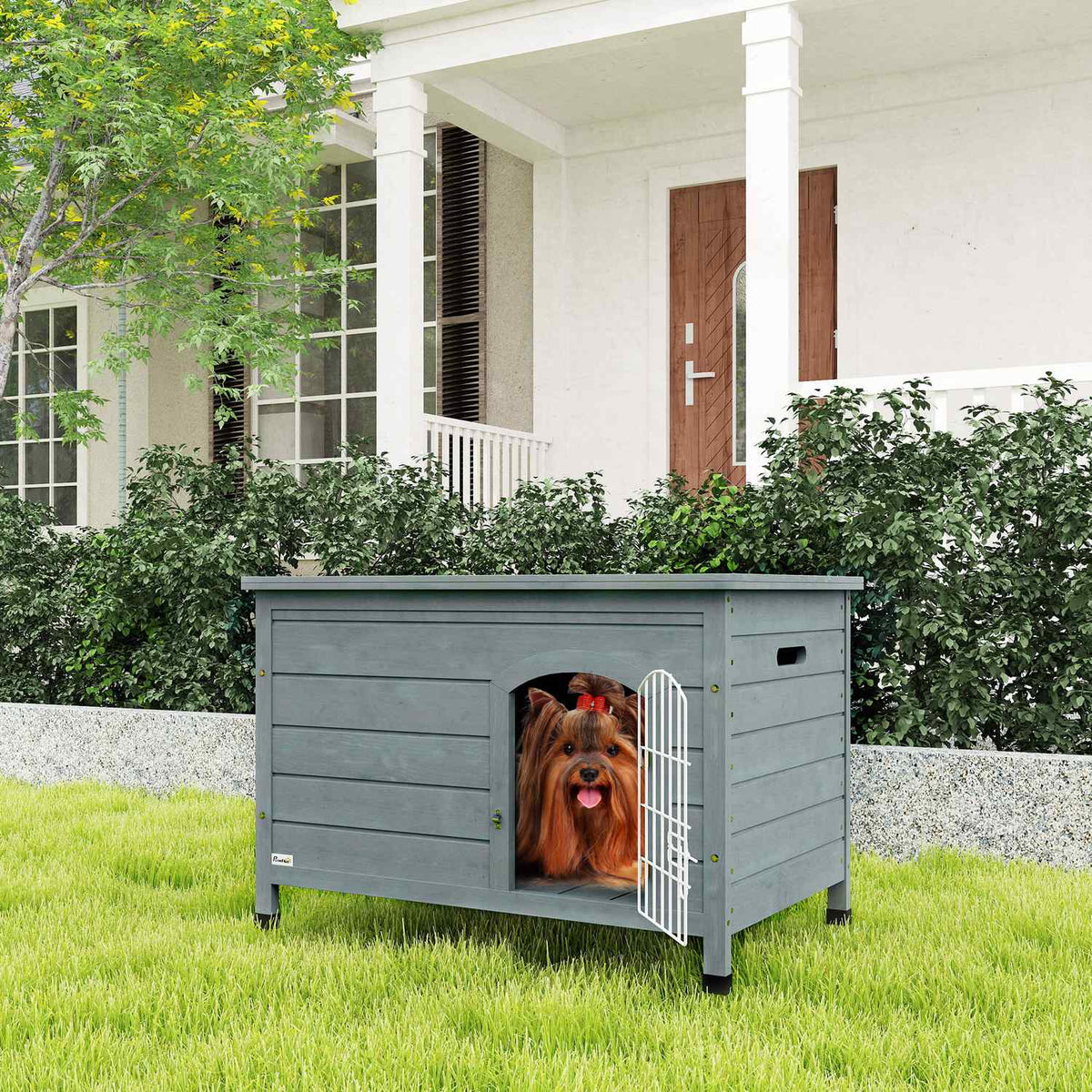 Dog Kennel Dog House with Door Dog Box Mesh Box Transport Cage for Cats Rabbits Outdoor Waterproof Gray Fir 80 x 55 x 53.5 cm