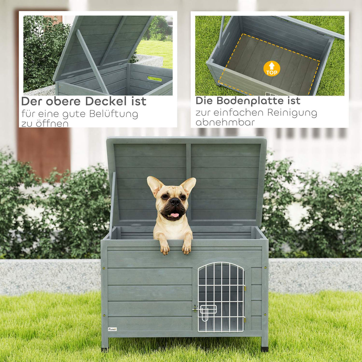 Dog Kennel Dog House with Door Dog Box Mesh Box Transport Cage for Cats Rabbits Outdoor Waterproof Gray Fir 80 x 55 x 53.5 cm