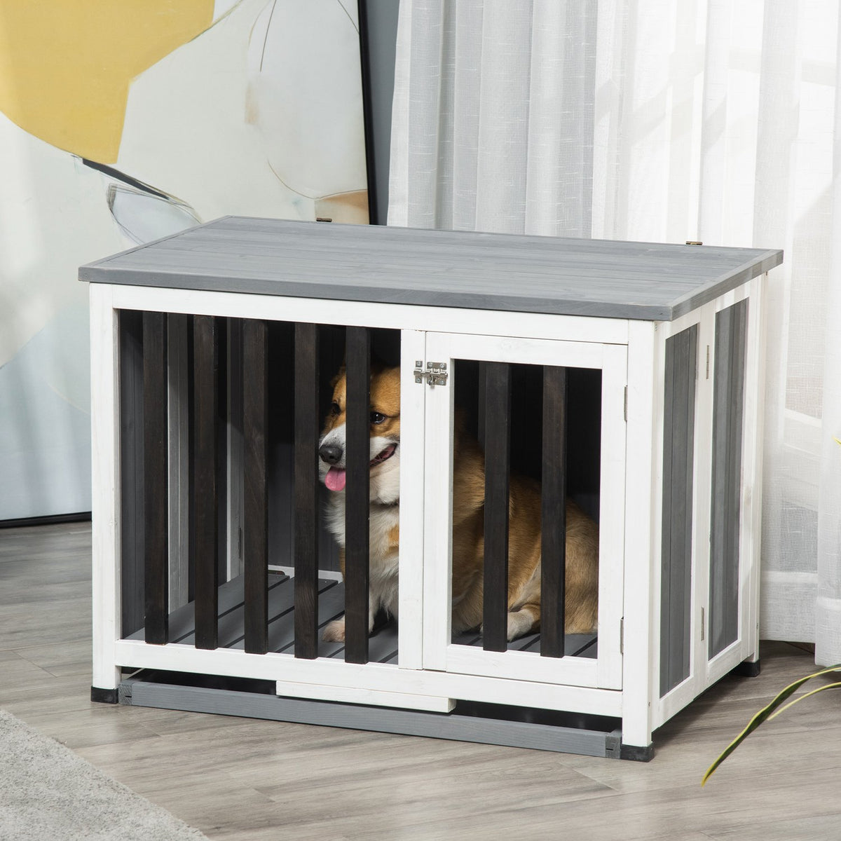 Dog Kennel Foldable Dog Cage Fir Wood Window Transport Box Gray 84.5X51.4X61Cm