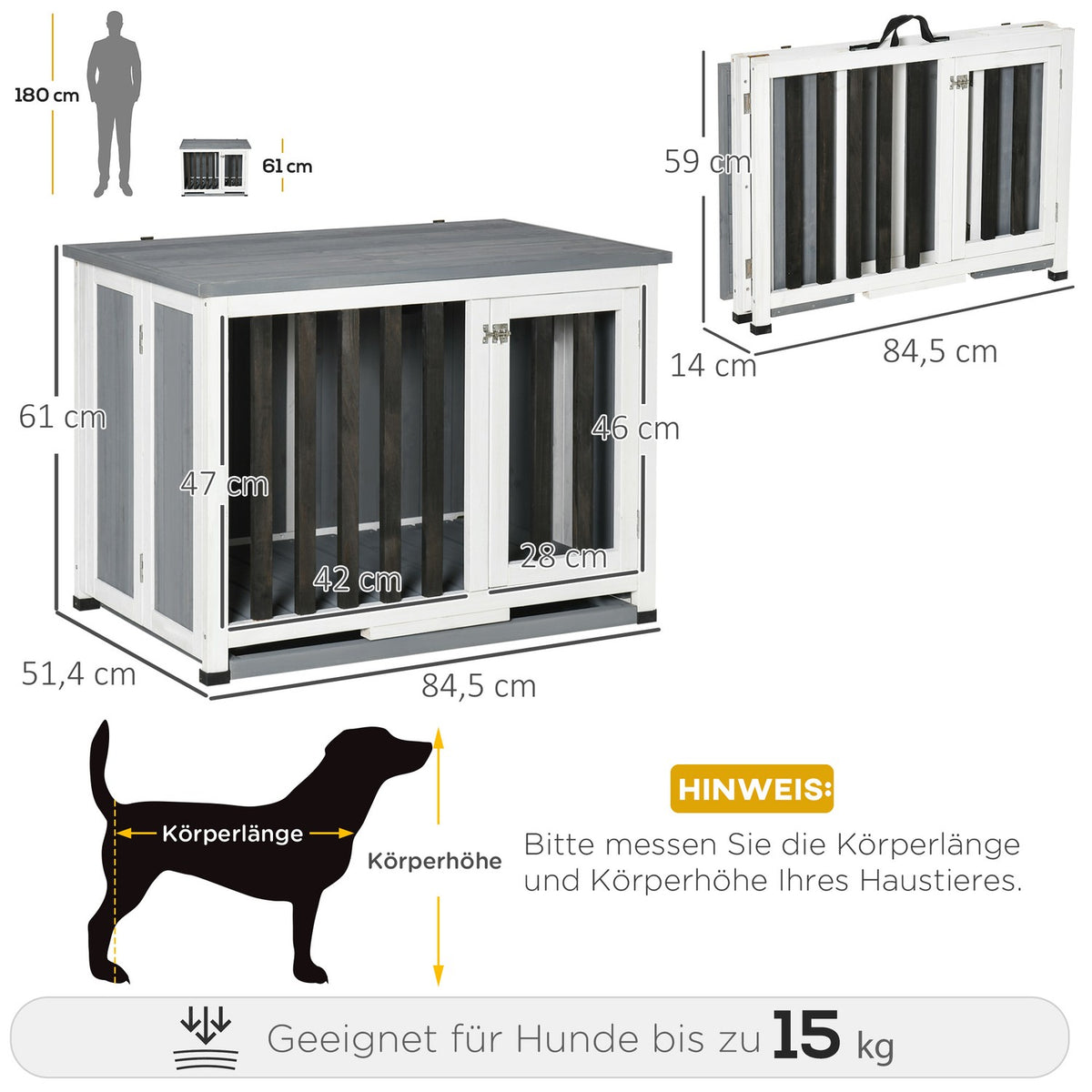 Dog Kennel Foldable Dog Cage Fir Wood Window Transport Box Gray 84.5X51.4X61Cm