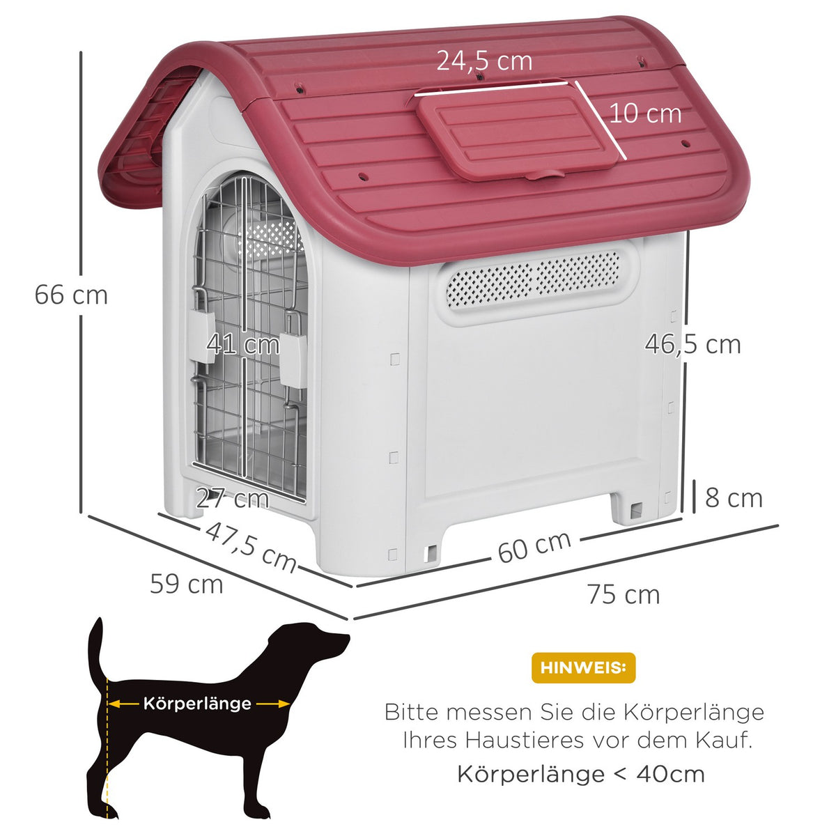 Dog Kennel Outdoor Dog House With Roof Hatch Gate Shelter For Small Dogs Small Animal Shed Air Circulation Waterproof Metal Pp Red+Light Gray
