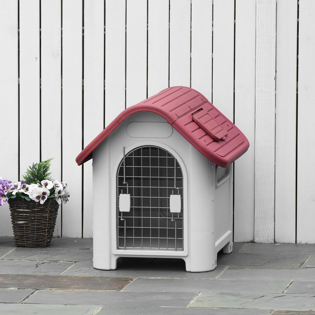 Dog Kennel Outdoor Dog House With Roof Hatch Gate Shelter For Small Dogs Small Animal Shed Air Circulation Waterproof Metal Pp Red+Light Gray