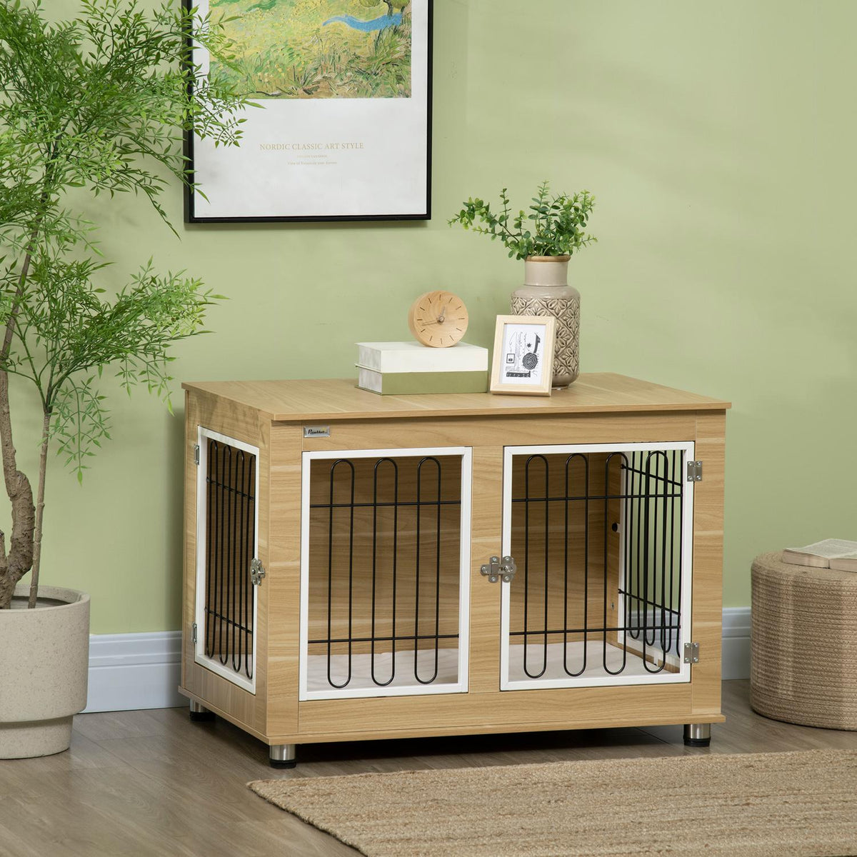 Dog Kennel Table Top Dog Cage Dog House Cushion Double Doors Oak