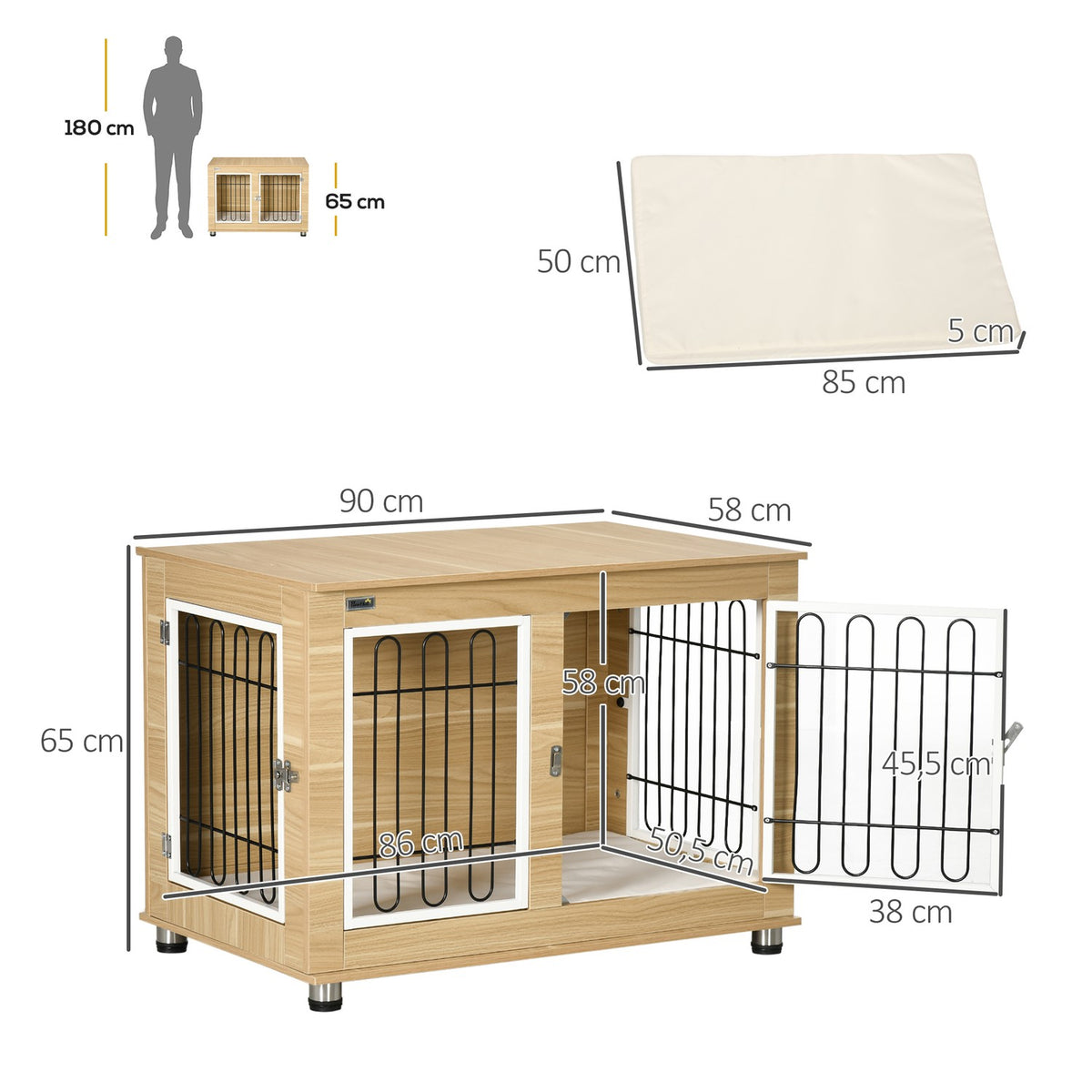 Dog Kennel Table Top Dog Cage Dog House Cushion Double Doors Oak