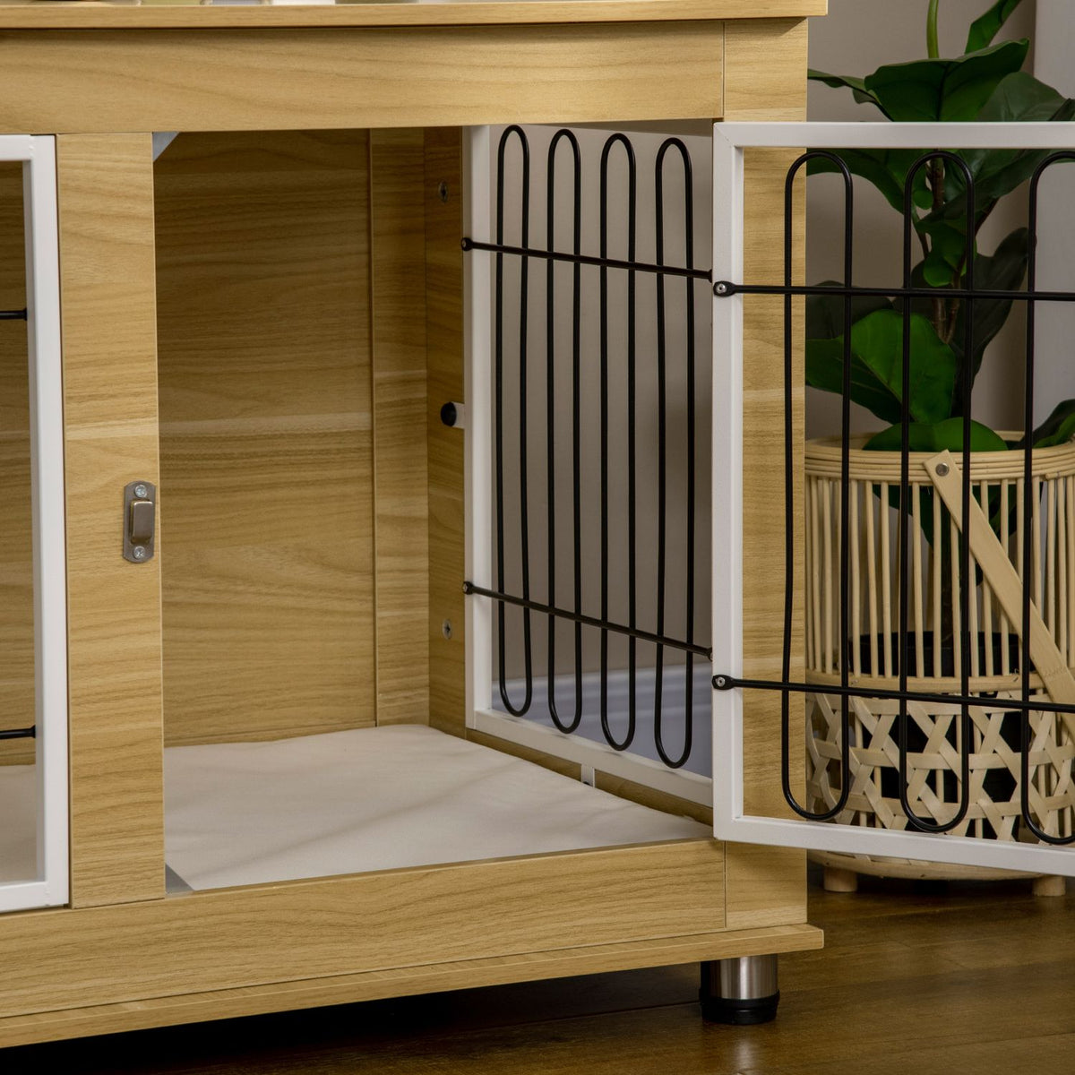 Dog Kennel Table Top Dog Cage Dog House Cushion Double Doors Oak