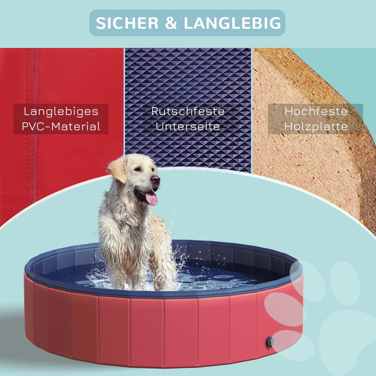 Dog Pool Large Paddling Pool For Dogs, Swimming Pool Made Of Pvc + Wood, Red, Ø140Xh30 Cm, Summer Enjoyment