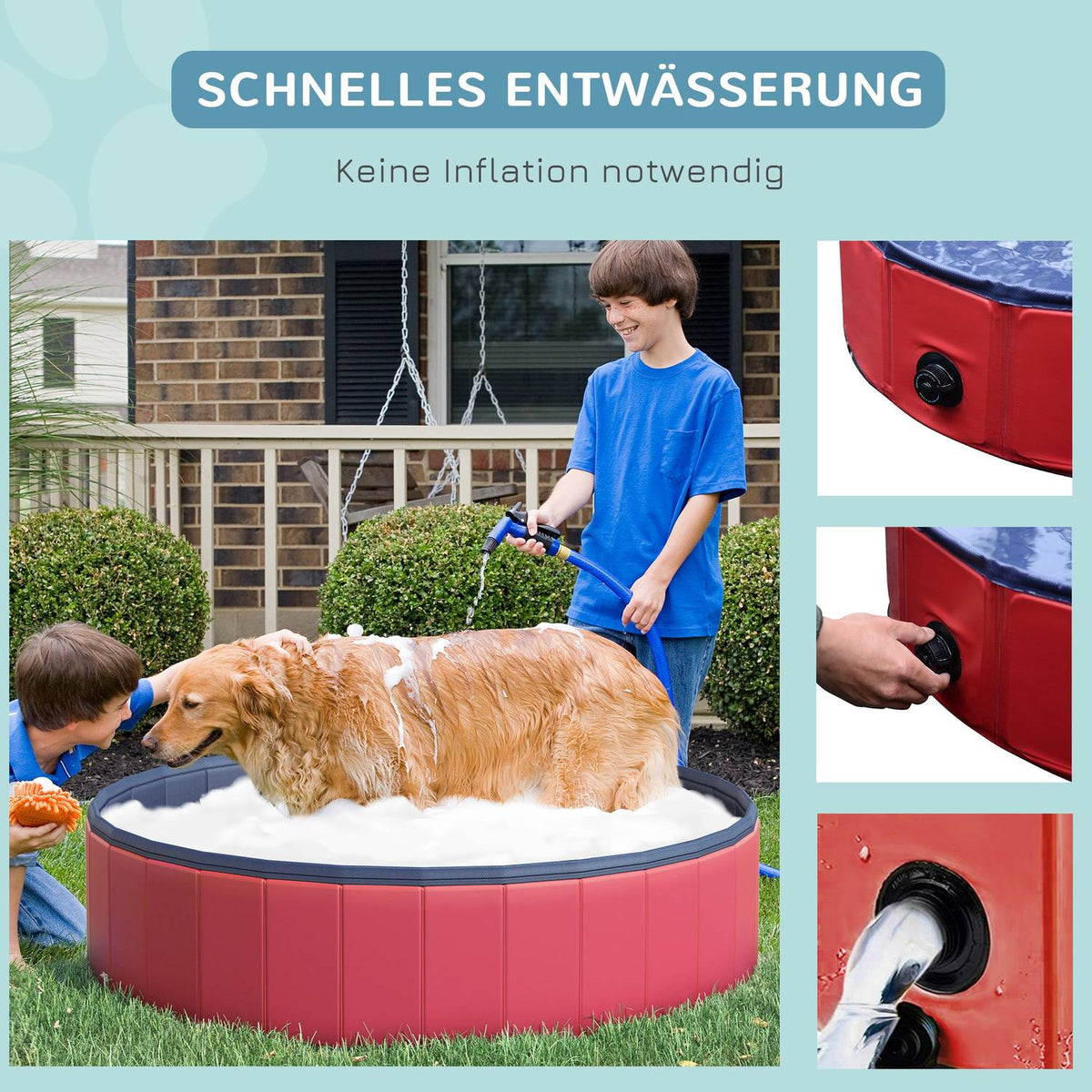 Dog Pool Large Paddling Pool For Dogs, Swimming Pool Made Of Pvc + Wood, Red, Ø140Xh30 Cm, Summer Enjoyment