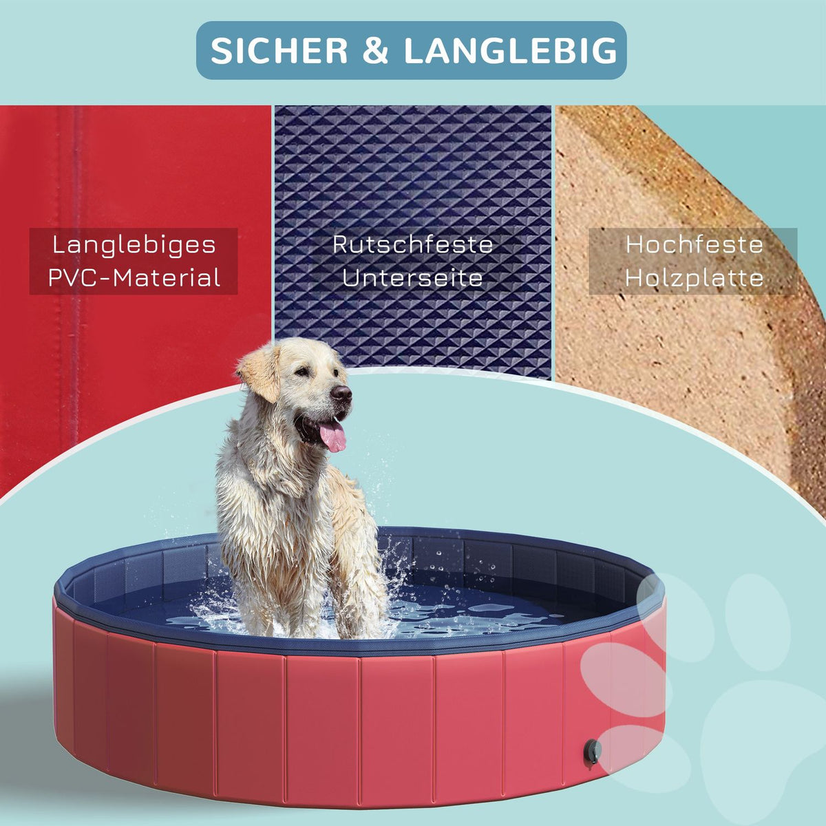 Dog Pool Large Paddling Pool For Dogs, Swimming Pool Made Of Pvc + Wood, Red, Ø140Xh30 Cm, Summer Enjoyment