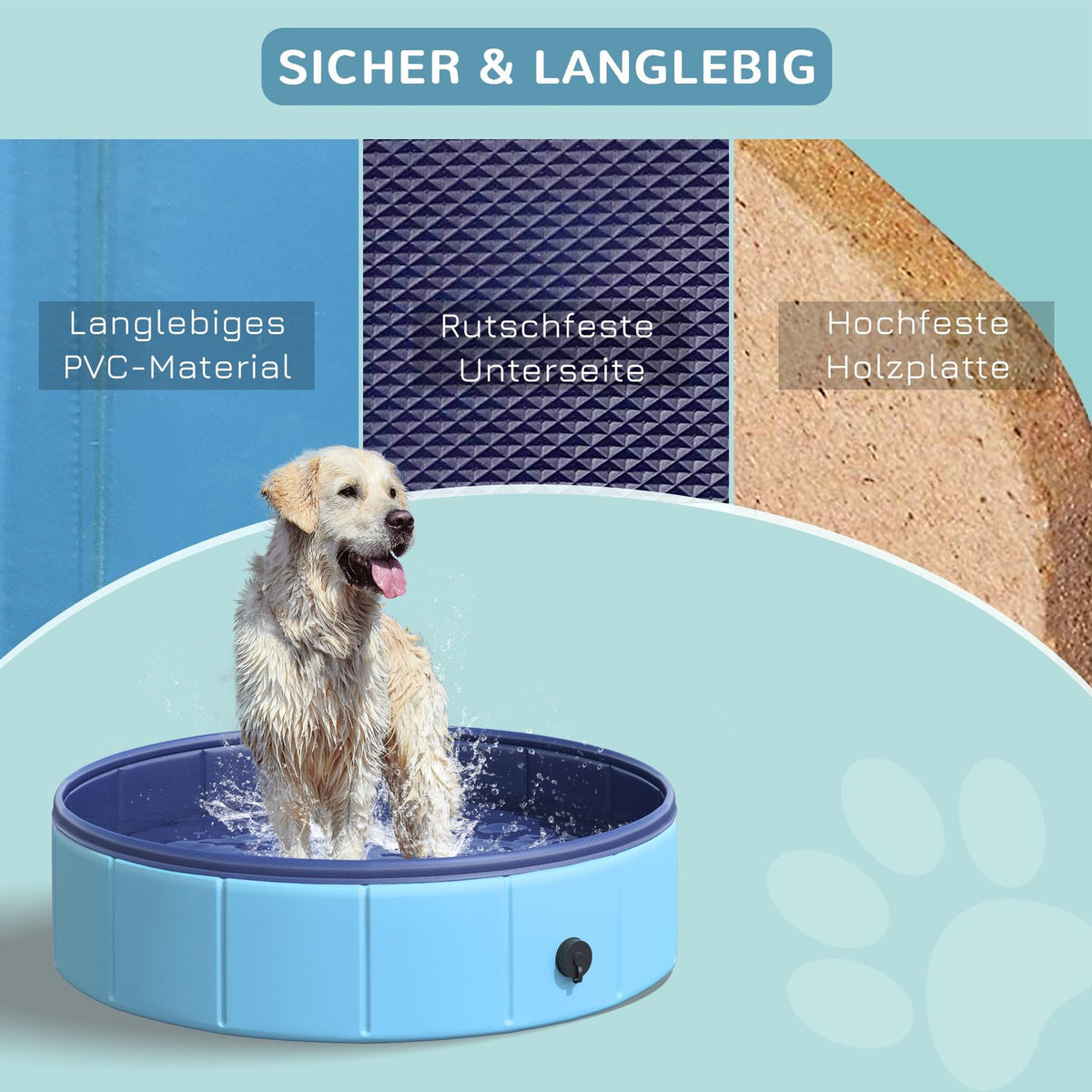 Dog Pool, Robust Paddling Pool For Dogs, Swimming Pool Made Of Pvc + Wood, Blue, Ø80Xh20 Cm, Summer Fun