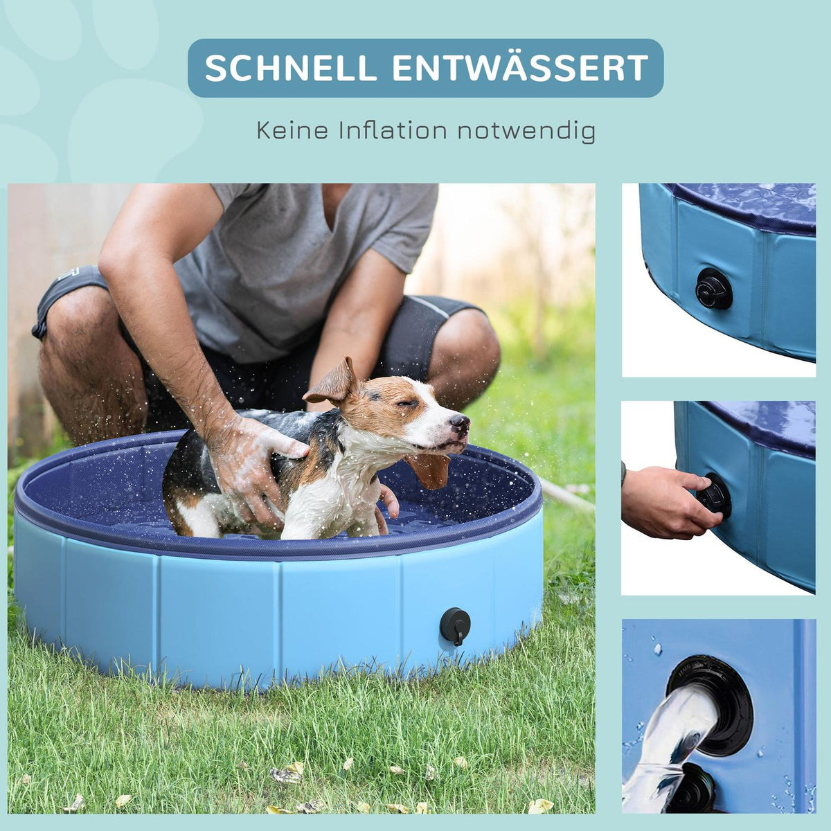 Dog Pool, Robust Paddling Pool For Dogs, Swimming Pool Made Of Pvc + Wood, Blue, Ø80Xh20 Cm, Summer Fun
