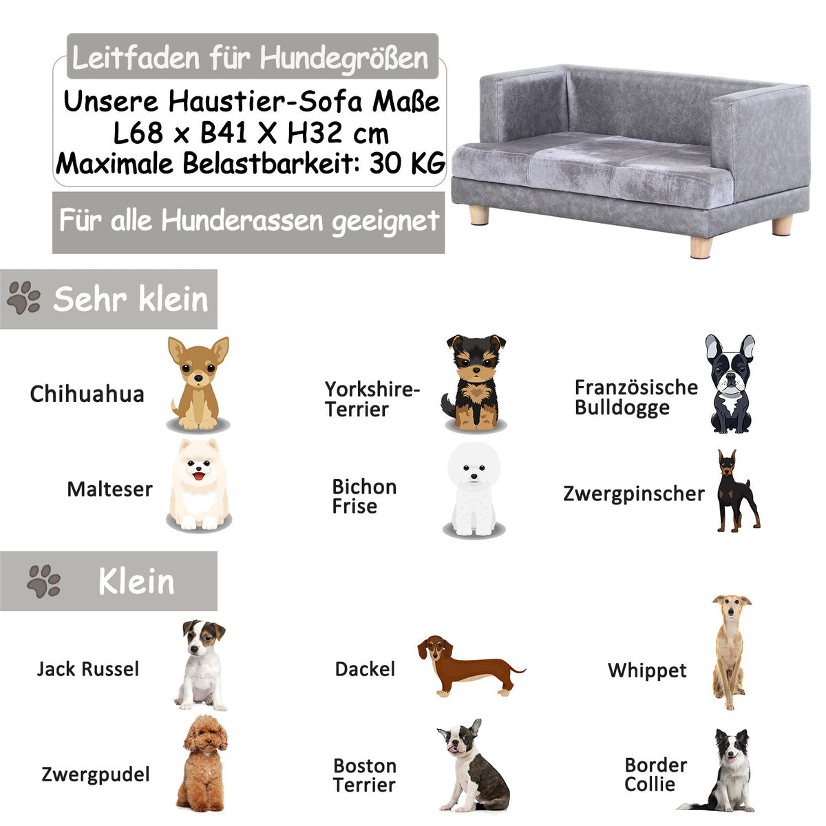 Dog Sofa Comfortable Pet Sofa Made Of Faux Leather & Short Plush, Gray, 68X41X32Cm