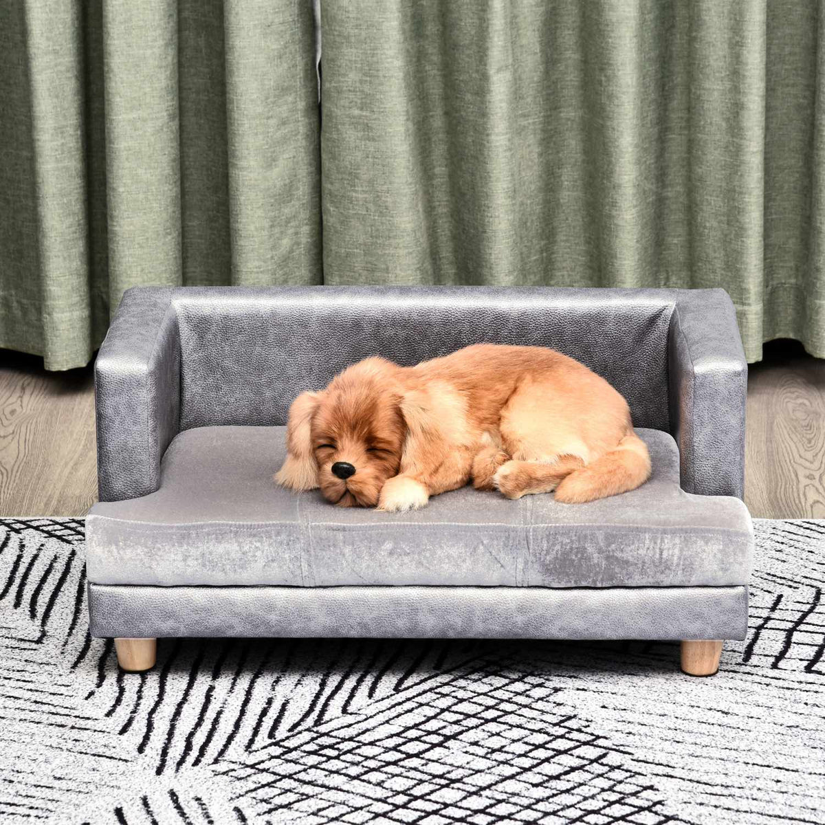 Dog Sofa Comfortable Pet Sofa Made Of Faux Leather & Short Plush, Gray, 68X41X32Cm