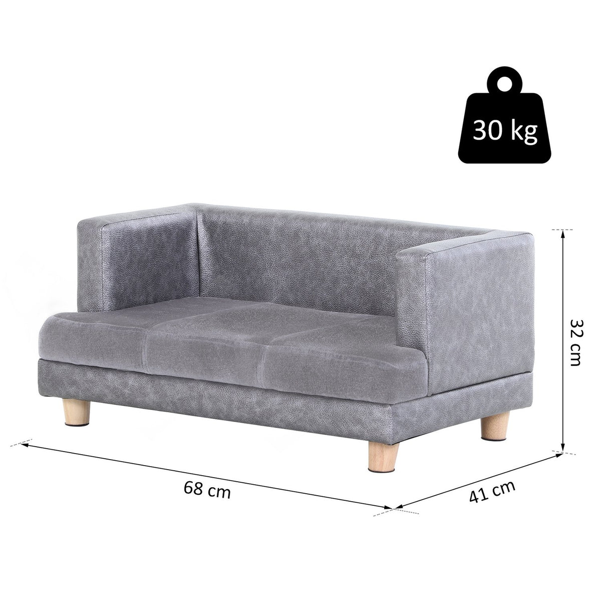 Dog Sofa Comfortable Pet Sofa Made Of Faux Leather & Short Plush, Gray, 68X41X32Cm